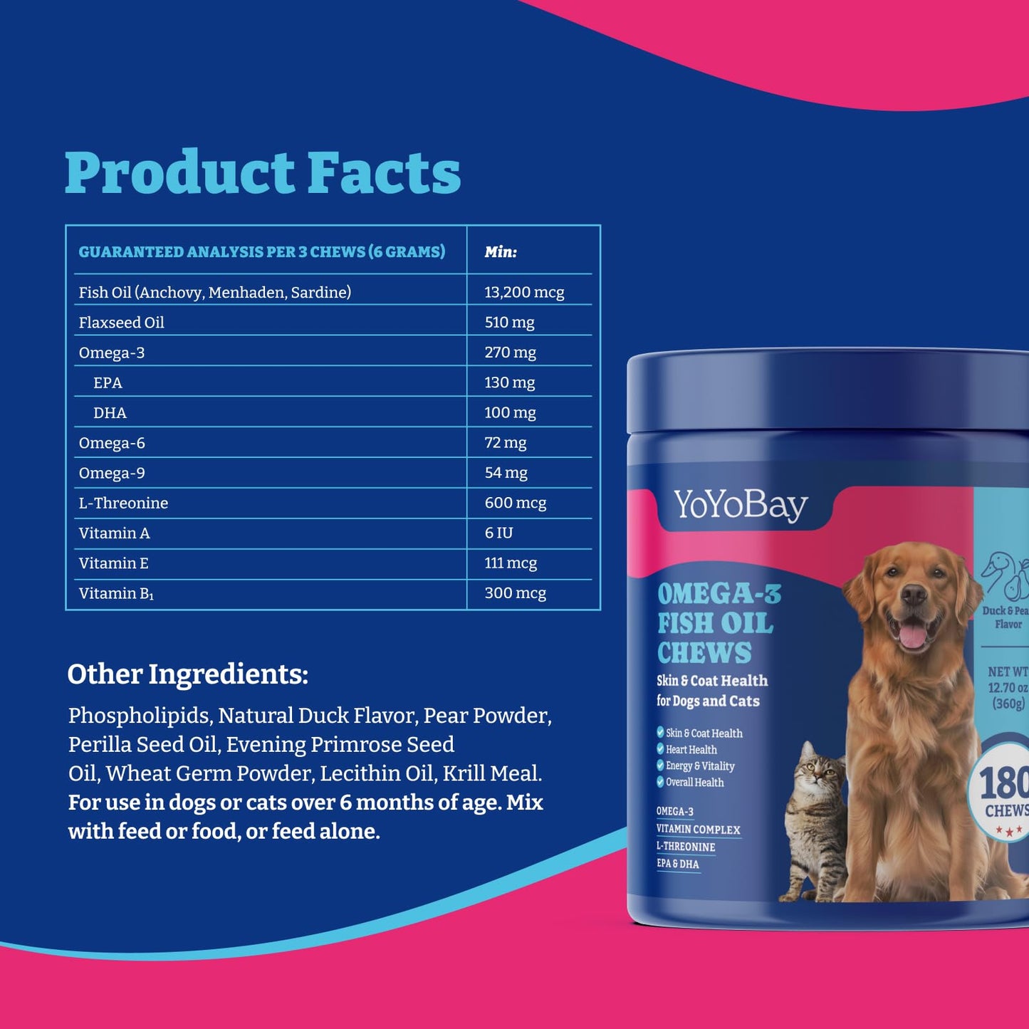 犬猫用オメガ3フィッシュオイルチュー、ソフトチュー180個、ダック＆洋ナシ風味