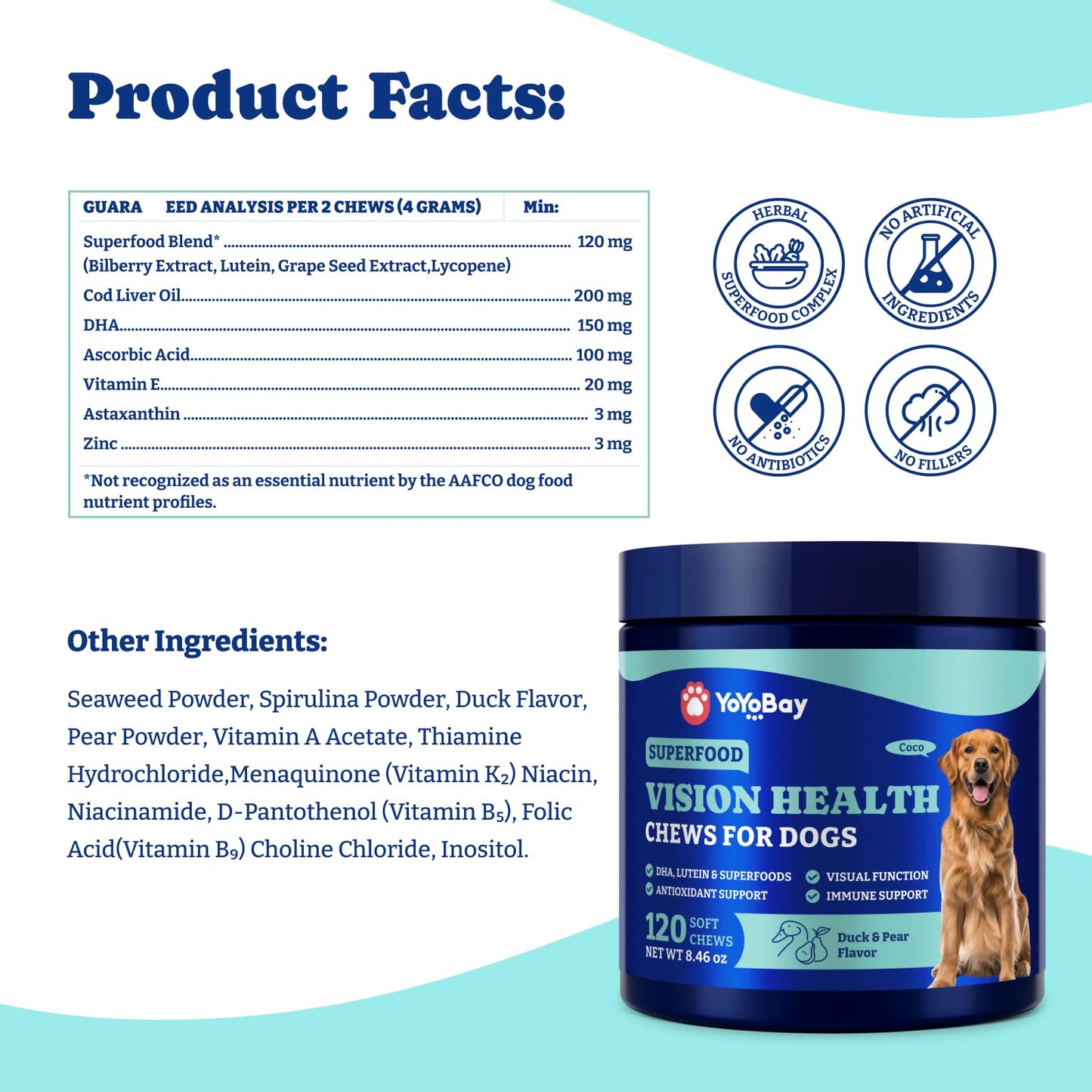 犬用アイサプリメント - ソフトチュアブル120粒、犬用アイビタミン - ダック＆洋ナシ風味