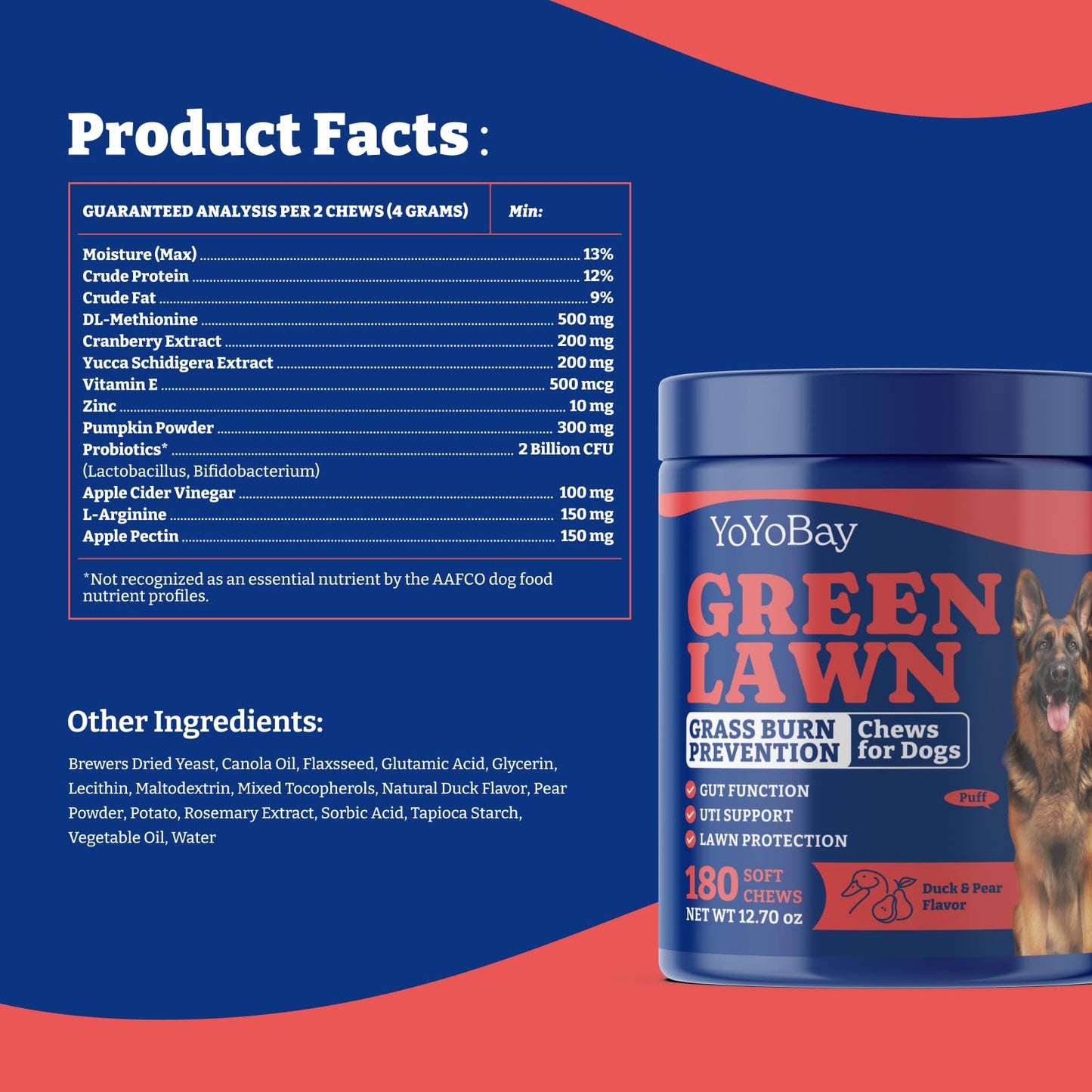 芝生用犬用尿中和剤 - 180粒入り、DL-メチオニン配合、アヒル＆洋ナシ風味