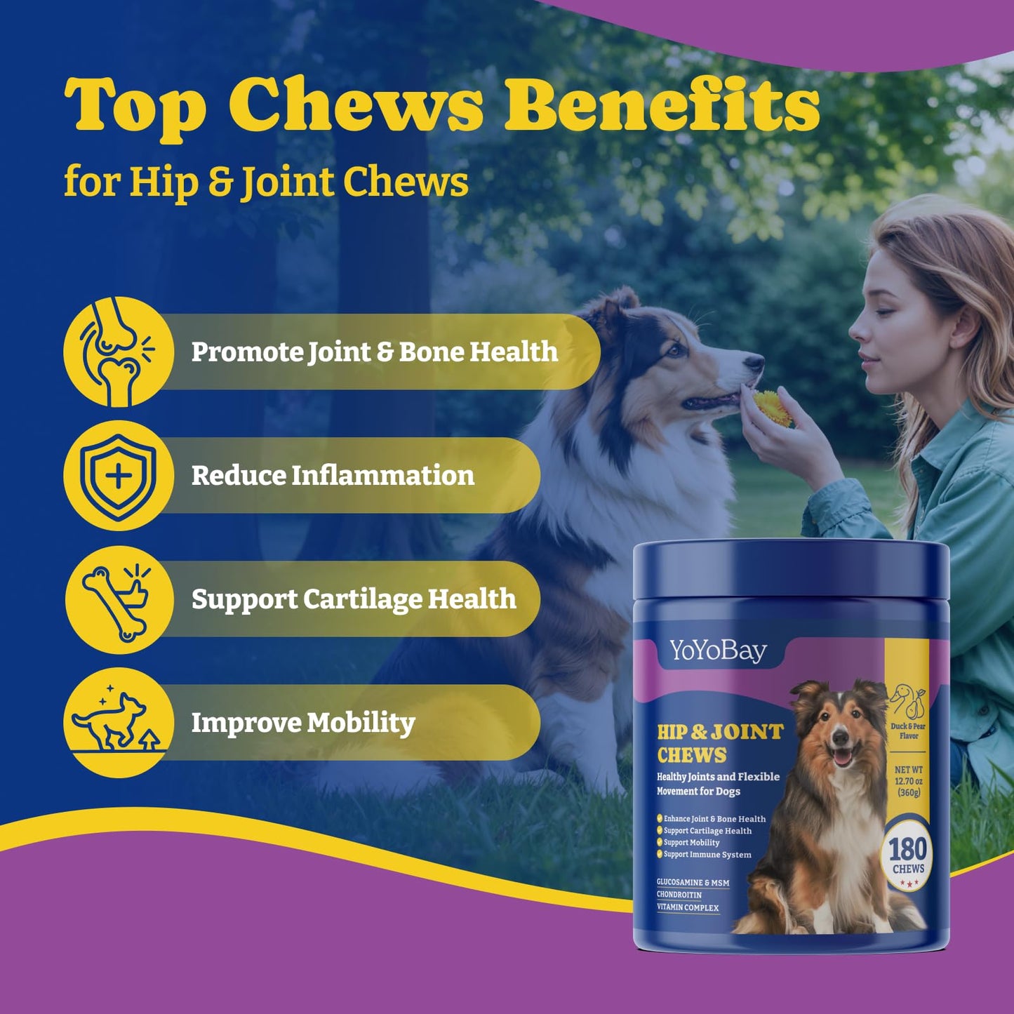 犬用股関節・関節サプリメント、ソフトチュー180粒、ダック＆洋ナシ風味