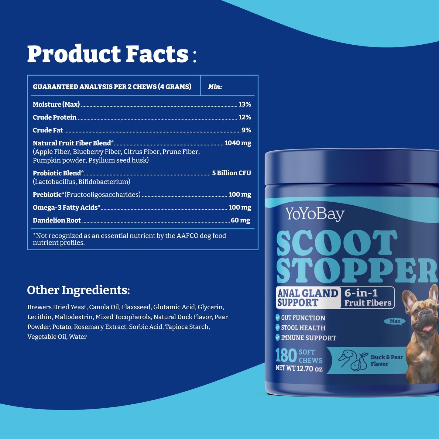 スクート ストッパー 犬用ソフトチュー 腸の健康、便秘とガスの緩和 プレバイオティクス＆プロバイオティクス配合 ダック＆洋梨風味 180粒